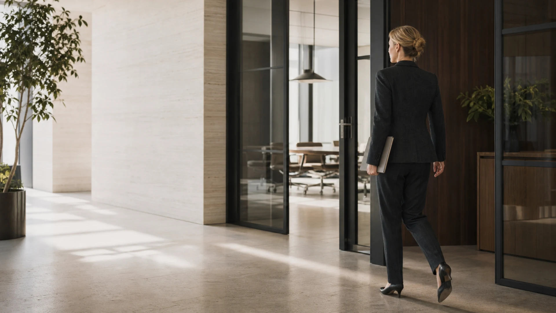 A lawyer walking through a contemporary law office